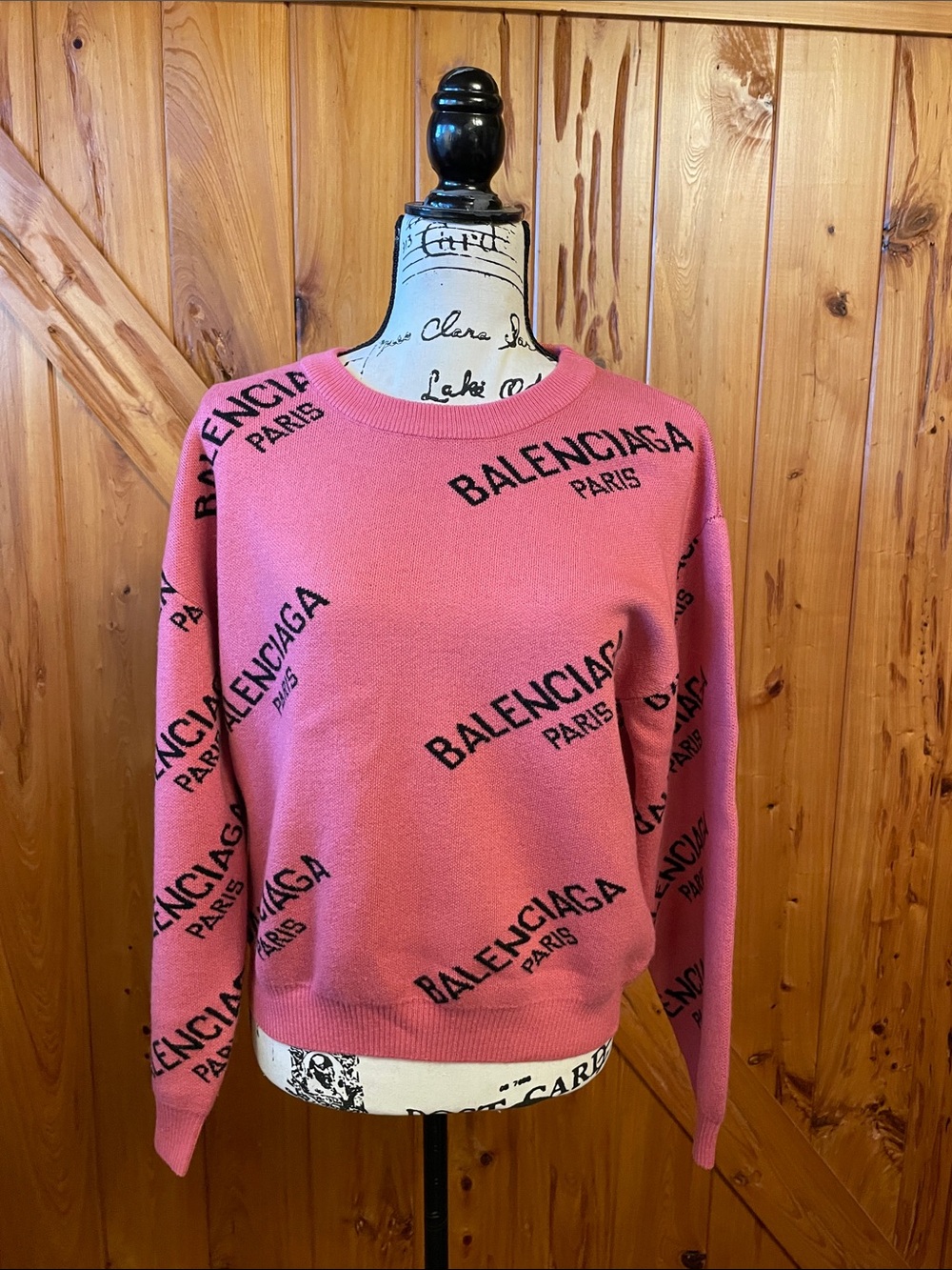 Balenciaga Pink All-Over Logo Crewneck Sweater no tags feels like wool